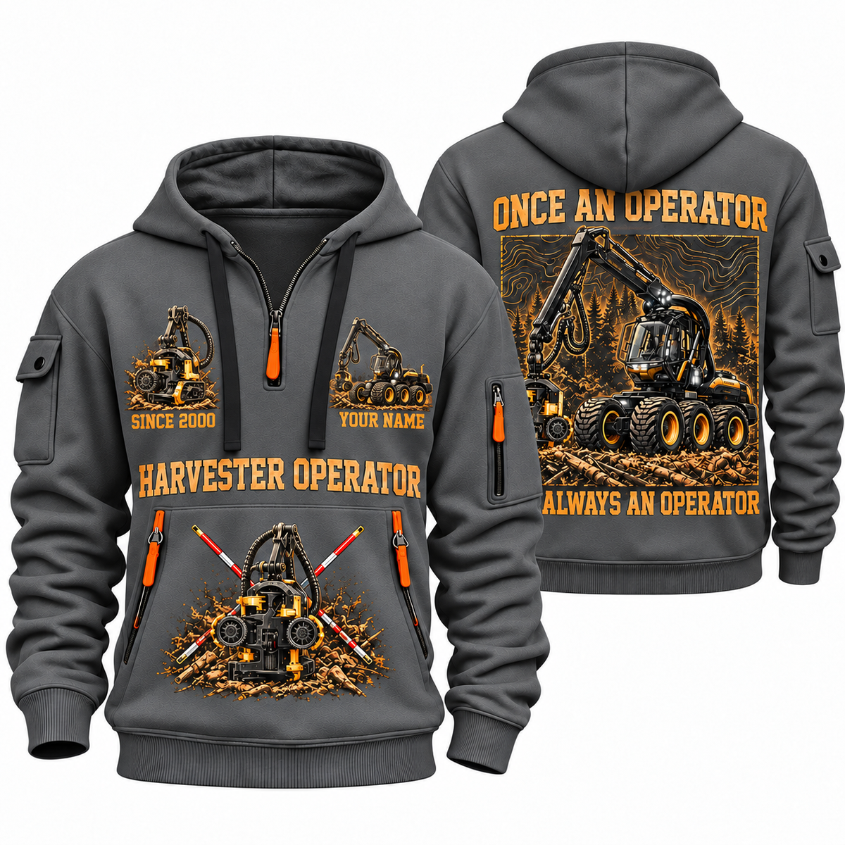 Ponsse Scorpion King Harvester Operator quarter zip hoodie in Gray, front and back views, sample YOUR NAME and SINCE 2000 artwork