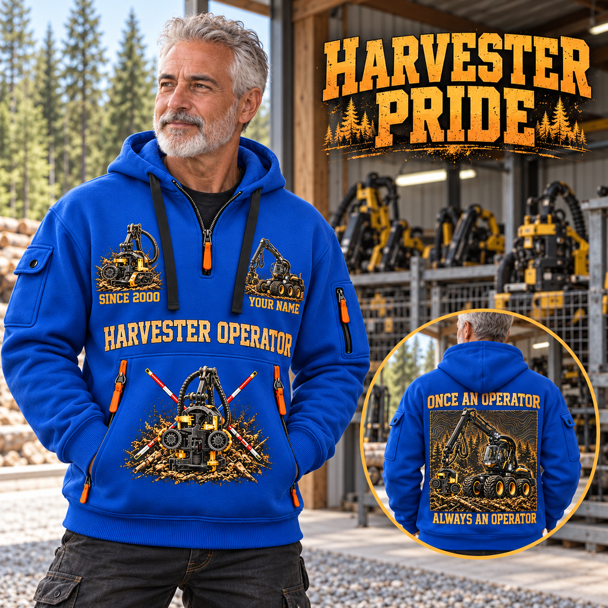 Ponsse Scorpion King Harvester Operator quarter zip hoodie in Blue, adult lifestyle portrait showing front and back artwork