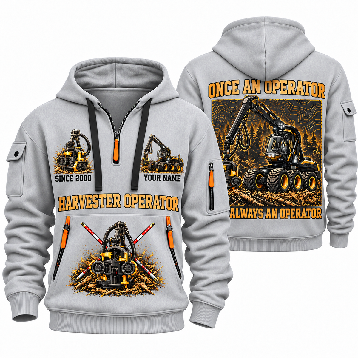 Ponsse Scorpion King Harvester Operator quarter zip hoodie in Light Grey, front and back views, sample YOUR NAME and SINCE 2000 artwork