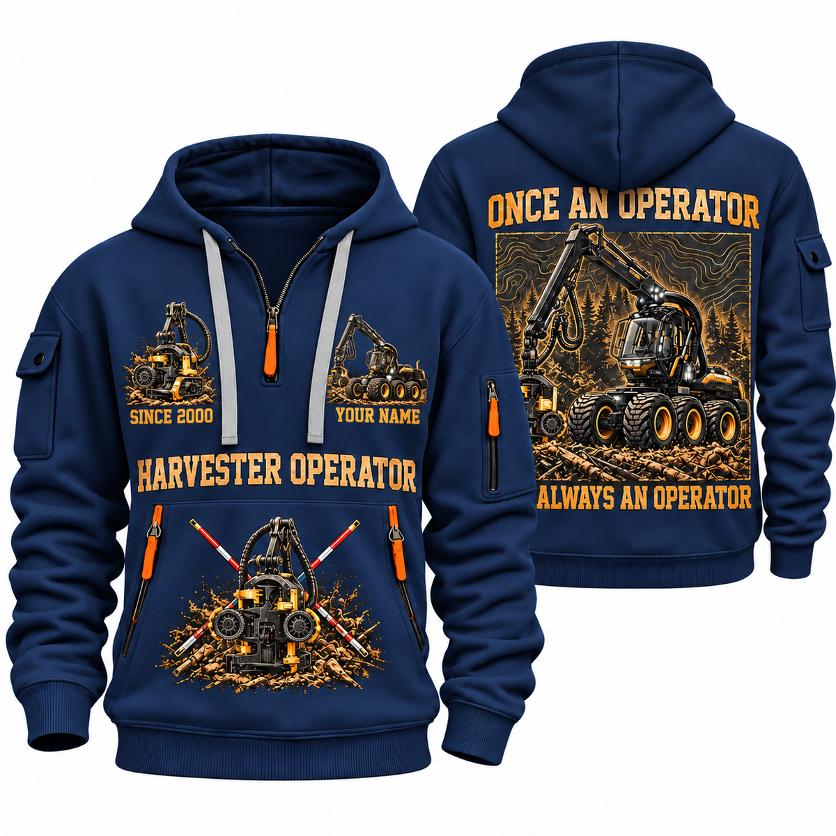 Ponsse Scorpion King Harvester Operator quarter zip hoodie in Navy, front and back views, sample YOUR NAME and SINCE 2000 artwork