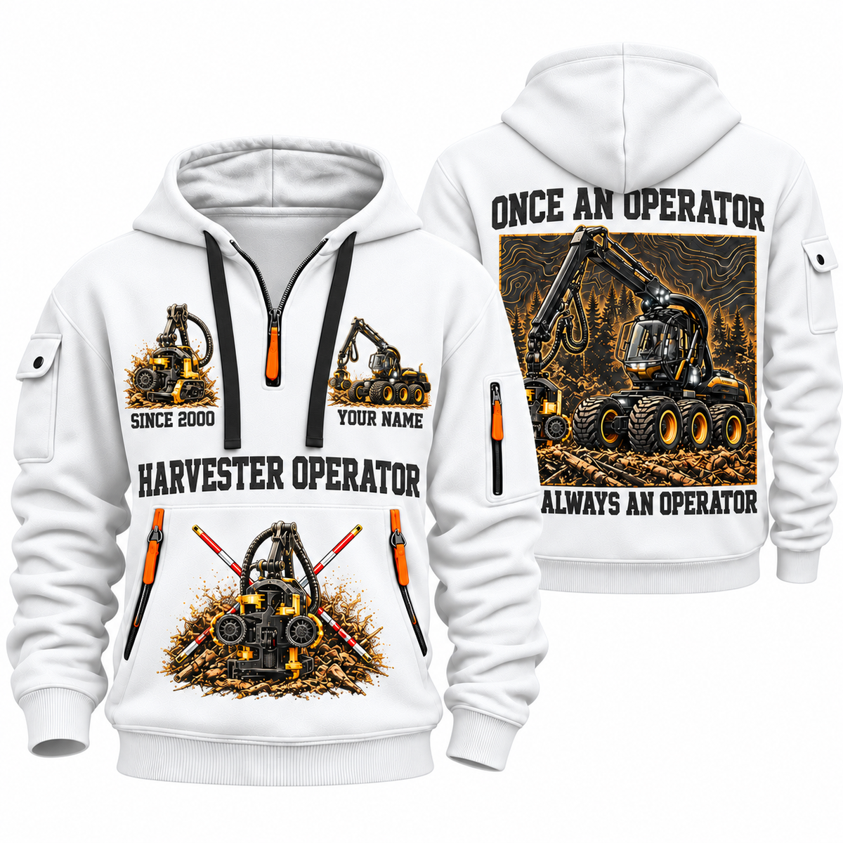 Ponsse Scorpion King Harvester Operator quarter zip hoodie in White, front and back views, sample YOUR NAME and SINCE 2000 artwork