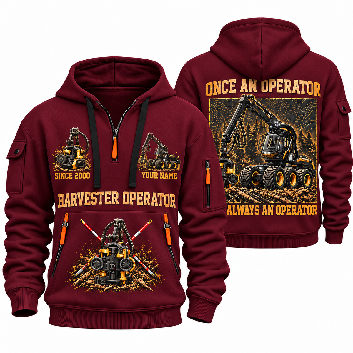 Ponsse Scorpion King Harvester Operator quarter zip hoodie in Wine Red, front and back views, sample YOUR NAME and SINCE 2000 artwork