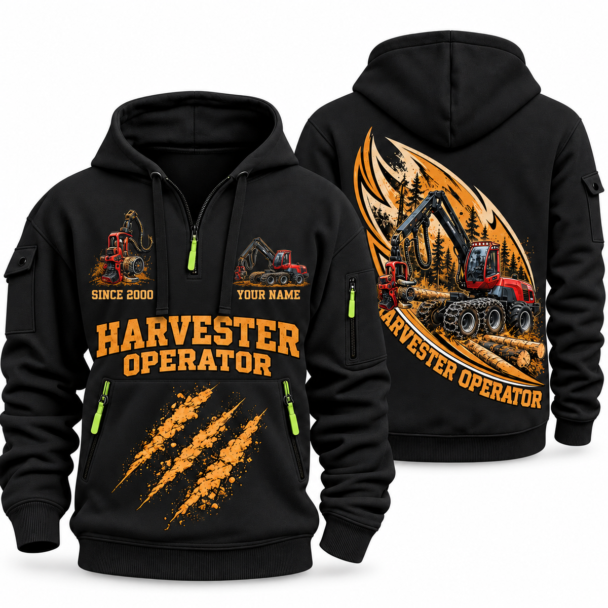 Komatsu 931 Harvester Operator quarter zip hoodie in Black, front and back views, sample YOUR NAME and SINCE 2000 artwork