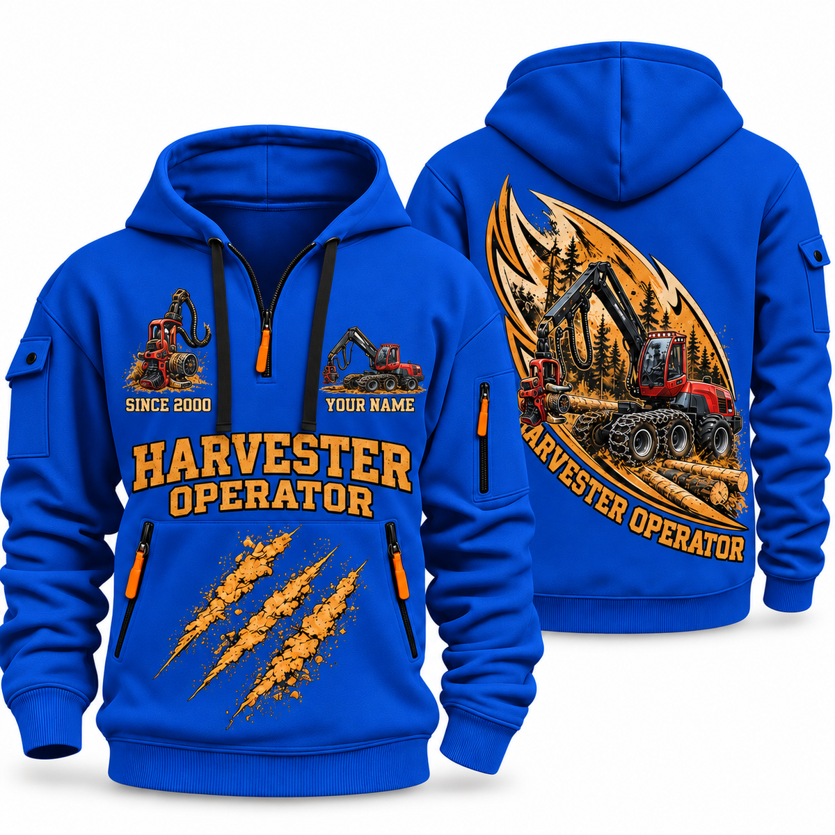 Komatsu 931 Harvester Operator quarter zip hoodie in Blue, front and back views, sample YOUR NAME and SINCE 2000 artwork