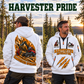 Komatsu 931 Harvester Operator quarter zip hoodie in White, adult lifestyle portrait showing front and back artwork