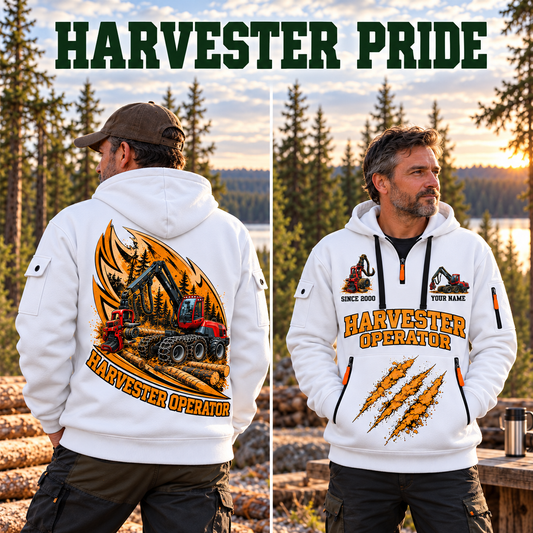 Komatsu 931 Harvester Operator quarter zip hoodie in White, adult lifestyle portrait showing front and back artwork