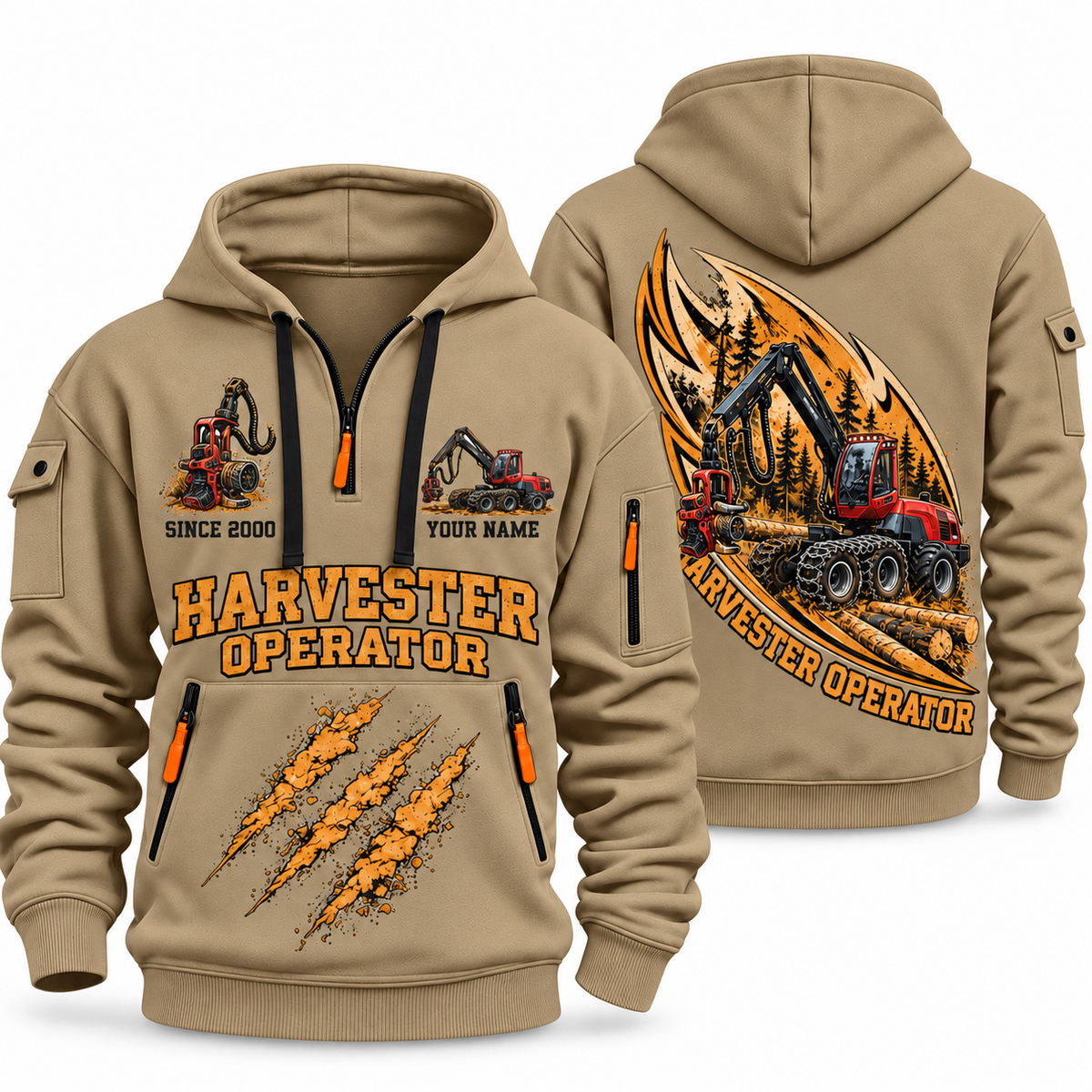 Komatsu 931 Harvester Operator quarter zip hoodie in Khaki, front and back views, sample YOUR NAME and SINCE 2000 artwork