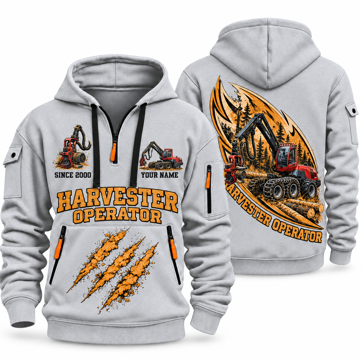 Komatsu 931 Harvester Operator quarter zip hoodie in Light Grey, front and back views, sample YOUR NAME and SINCE 2000 artwork