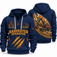 Komatsu 931 Harvester Operator quarter zip hoodie in Navy, front and back views, sample YOUR NAME and SINCE 2000 artwork