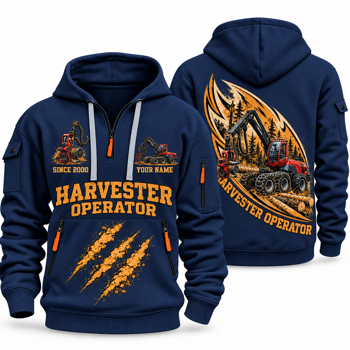 Komatsu 931 Harvester Operator quarter zip hoodie in Navy, front and back views, sample YOUR NAME and SINCE 2000 artwork