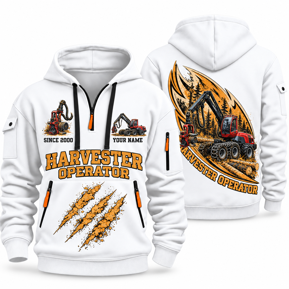 Komatsu 931 Harvester Operator quarter zip hoodie in White, front and back views, sample YOUR NAME and SINCE 2000 artwork