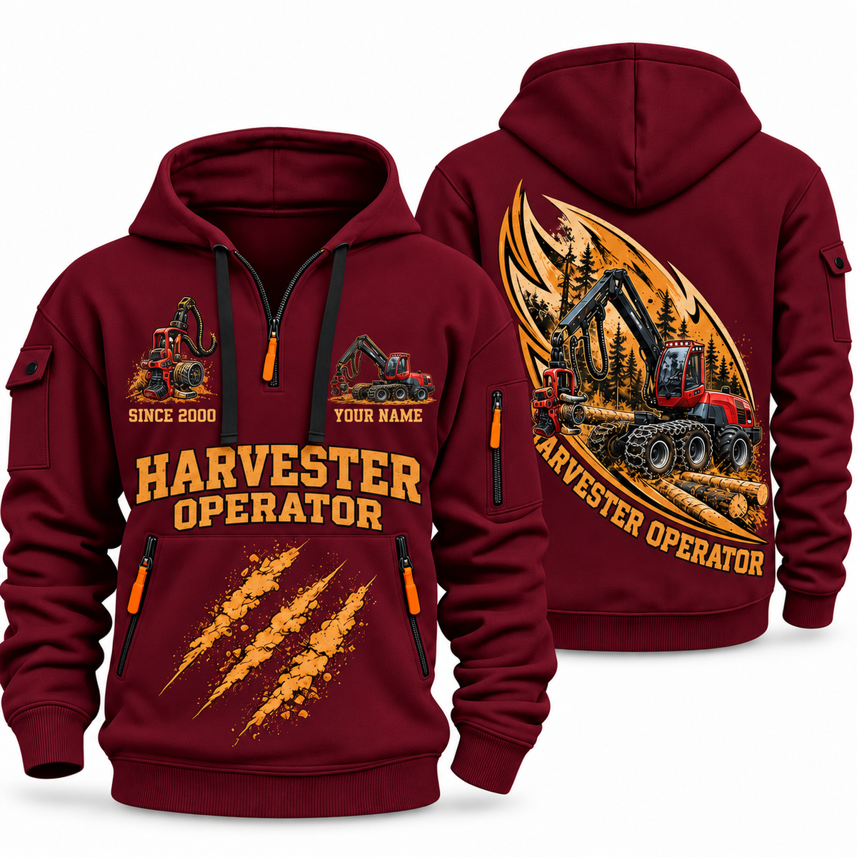 Komatsu 931 Harvester Operator quarter zip hoodie in Wine Red, front and back views, sample YOUR NAME and SINCE 2000 artwork