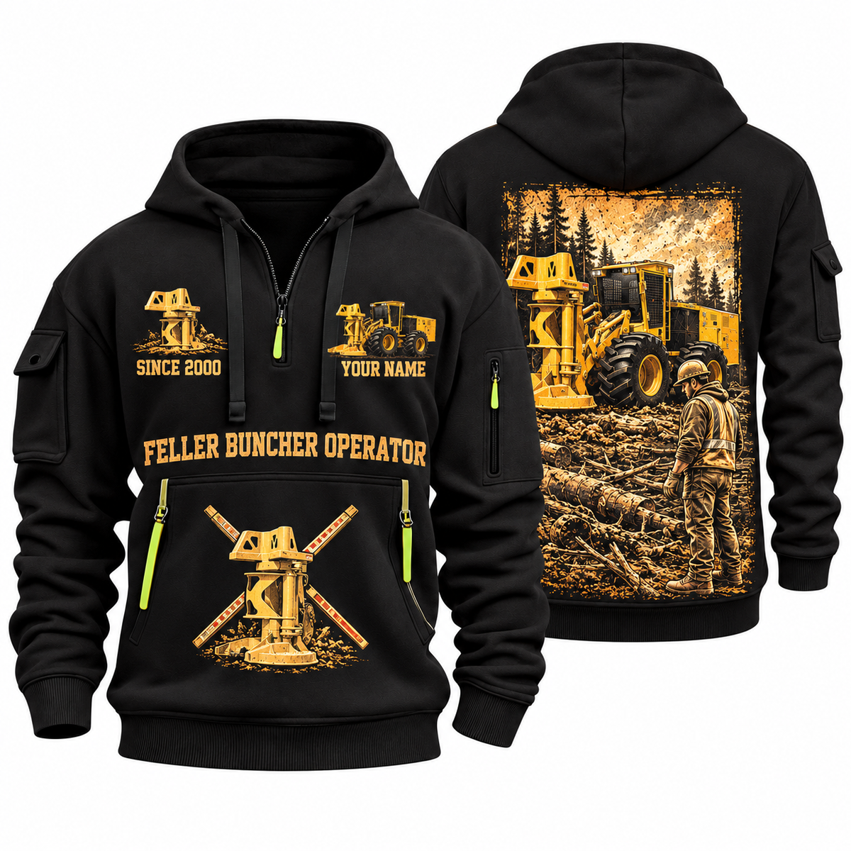 Tigercat 720H Feller Buncher Operator quarter zip hoodie in Black, front and back views, sample YOUR NAME and SINCE 2000 artwork