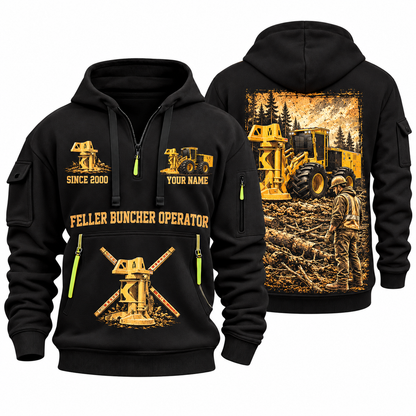 Tigercat 720H Feller Buncher Operator quarter zip hoodie in Black, front and back views, sample YOUR NAME and SINCE 2000 artwork