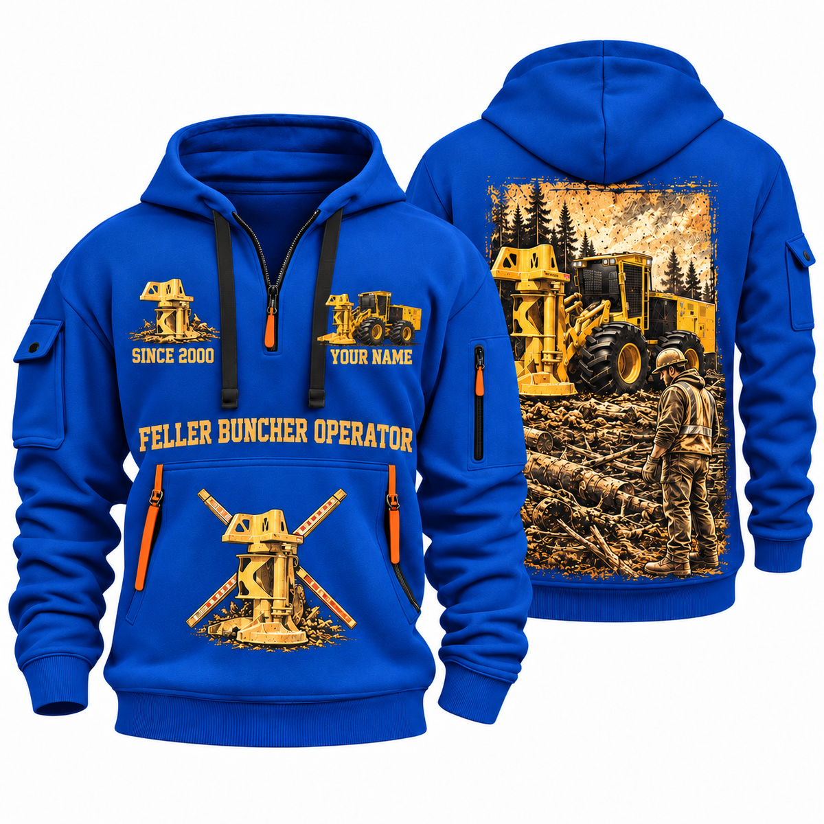 Tigercat 720H Feller Buncher Operator quarter zip hoodie in Blue, front and back views, sample YOUR NAME and SINCE 2000 artwork