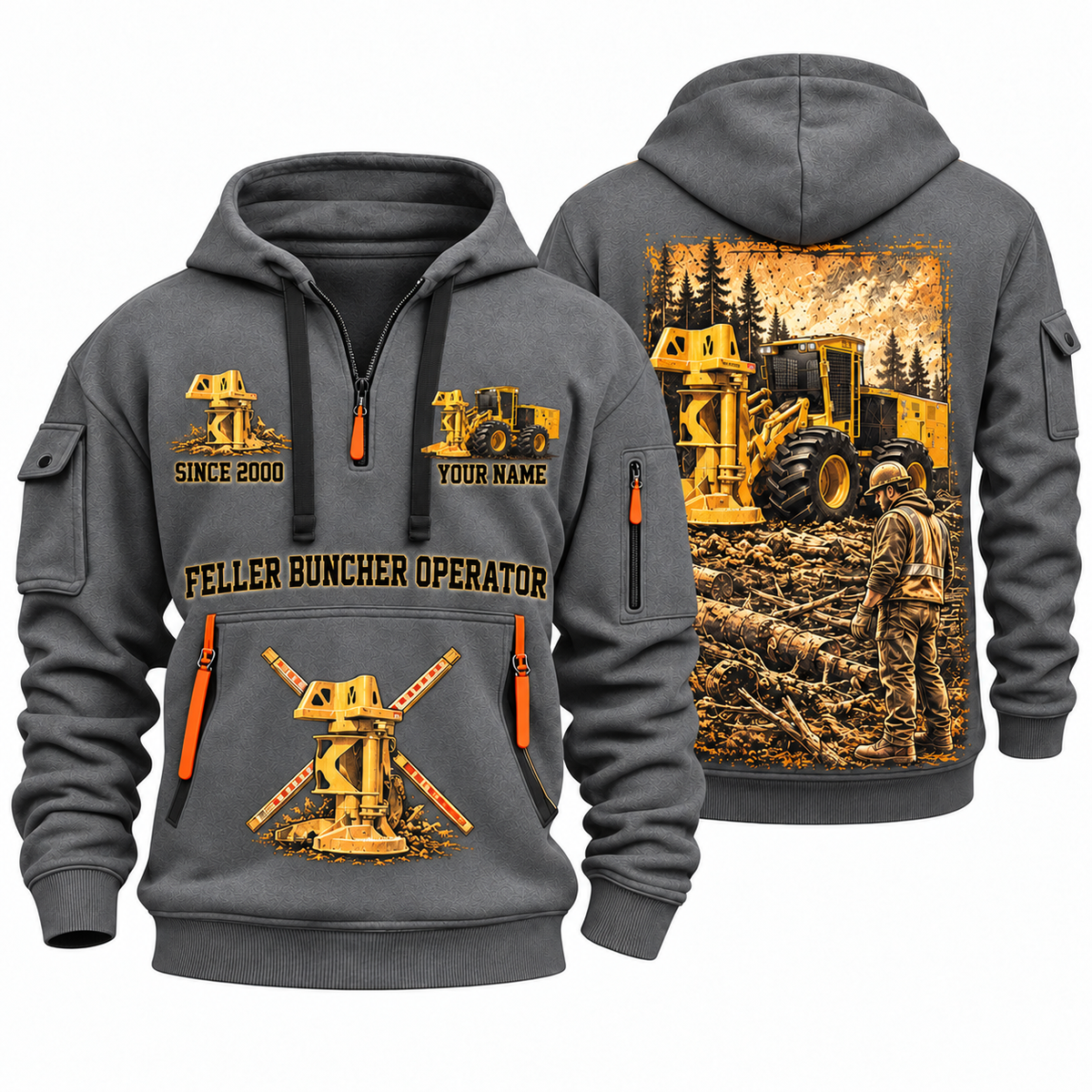 Tigercat 720H Feller Buncher Operator quarter zip hoodie in Gray, front and back views, sample YOUR NAME and SINCE 2000 artwork
