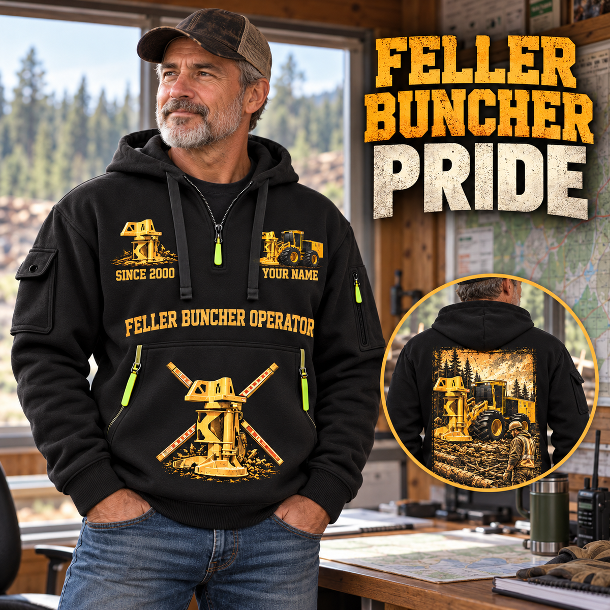 Tigercat 720H Feller Buncher Operator quarter zip hoodie in Black, adult lifestyle portrait showing front and back artwork
