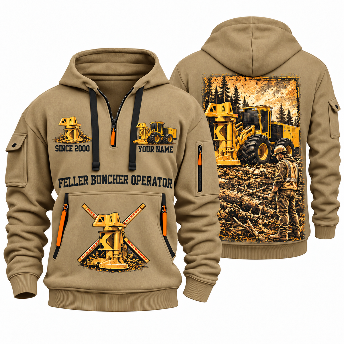 Tigercat 720H Feller Buncher Operator quarter zip hoodie in Khaki, front and back views, sample YOUR NAME and SINCE 2000 artwork