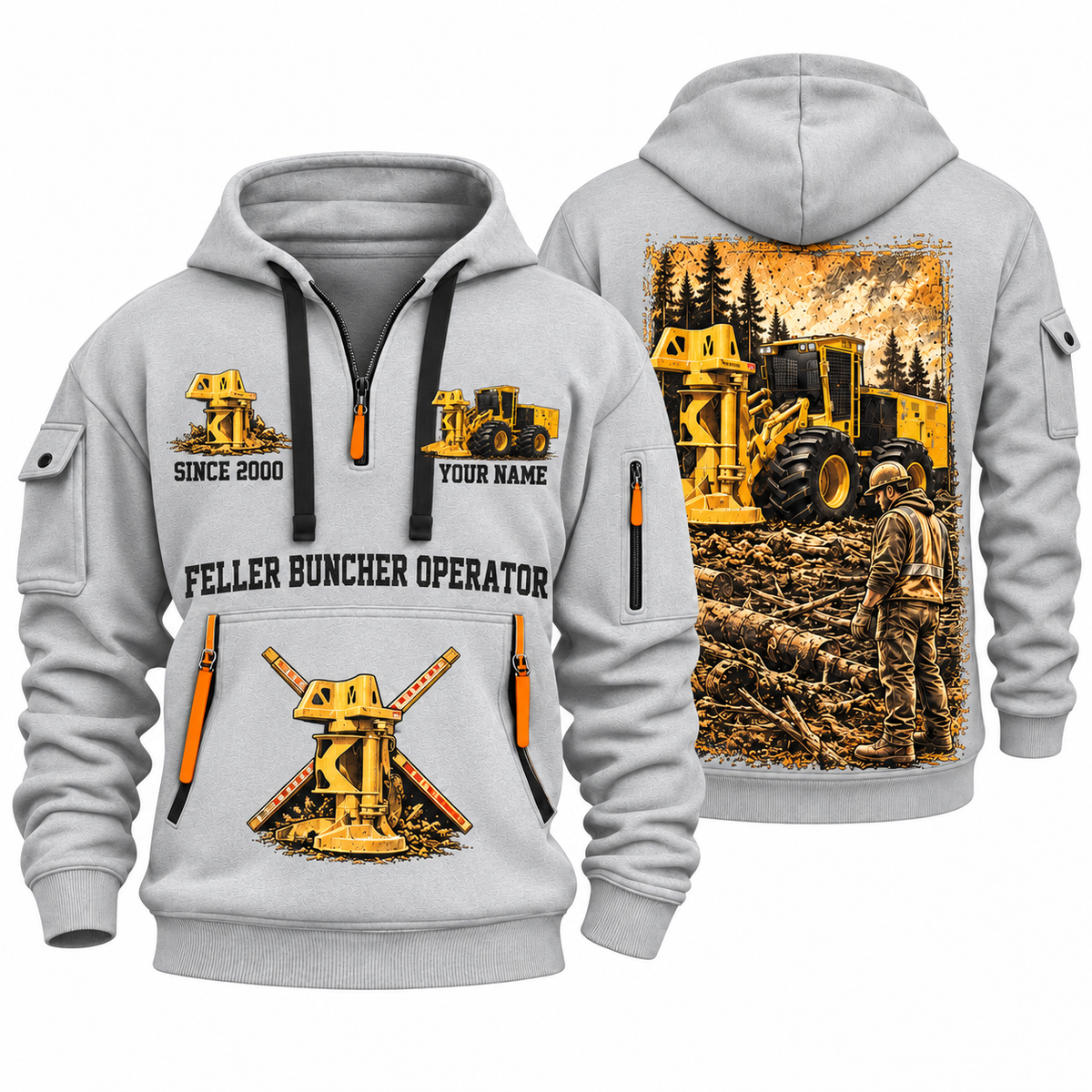 Tigercat 720H Feller Buncher Operator quarter zip hoodie in Light Grey, front and back views, sample YOUR NAME and SINCE 2000 artwork