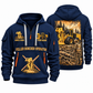 Tigercat 720H Feller Buncher Operator quarter zip hoodie in Navy, front and back views, sample YOUR NAME and SINCE 2000 artwork