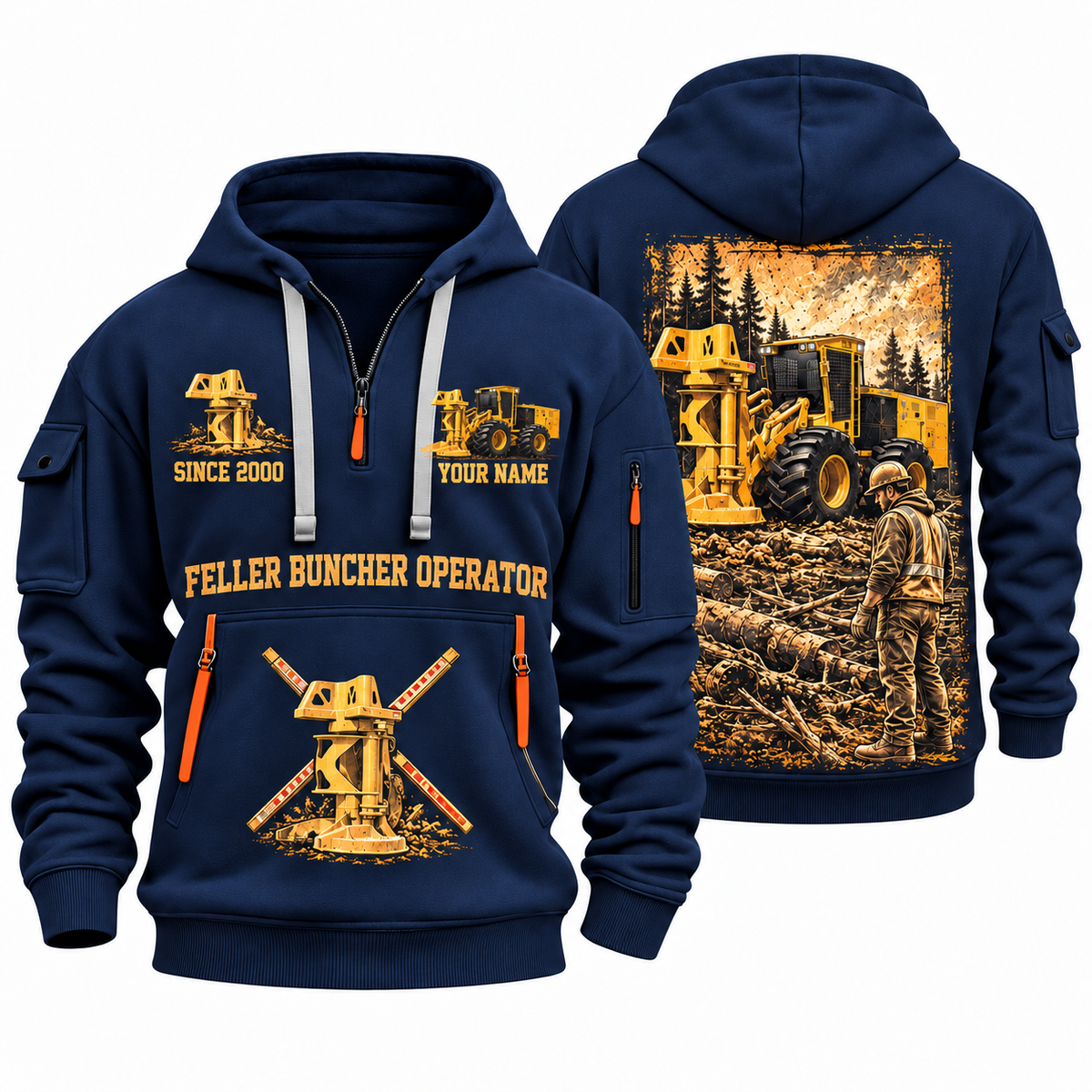 Tigercat 720H Feller Buncher Operator quarter zip hoodie in Navy, front and back views, sample YOUR NAME and SINCE 2000 artwork