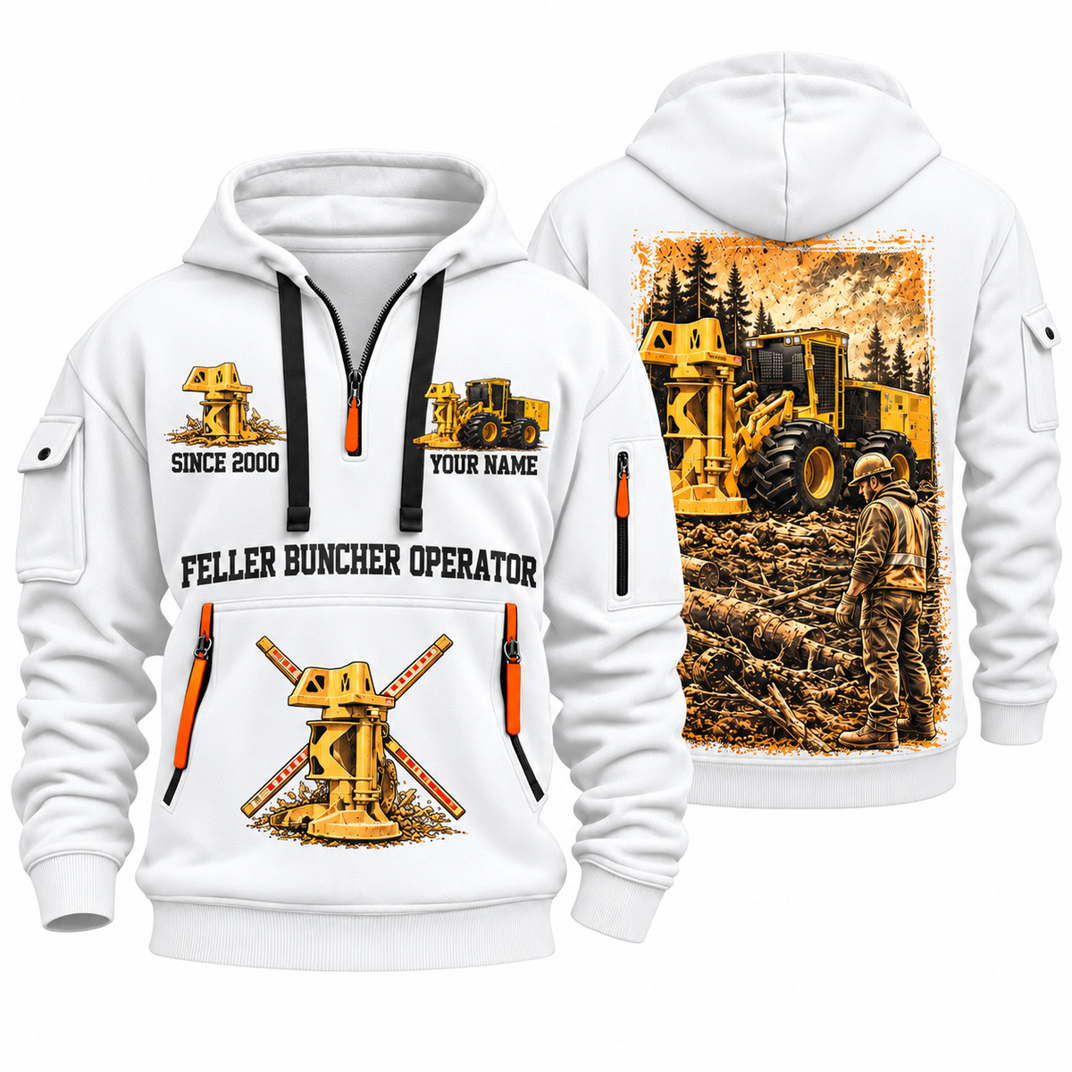 Tigercat 720H Feller Buncher Operator quarter zip hoodie in White, front and back views, sample YOUR NAME and SINCE 2000 artwork