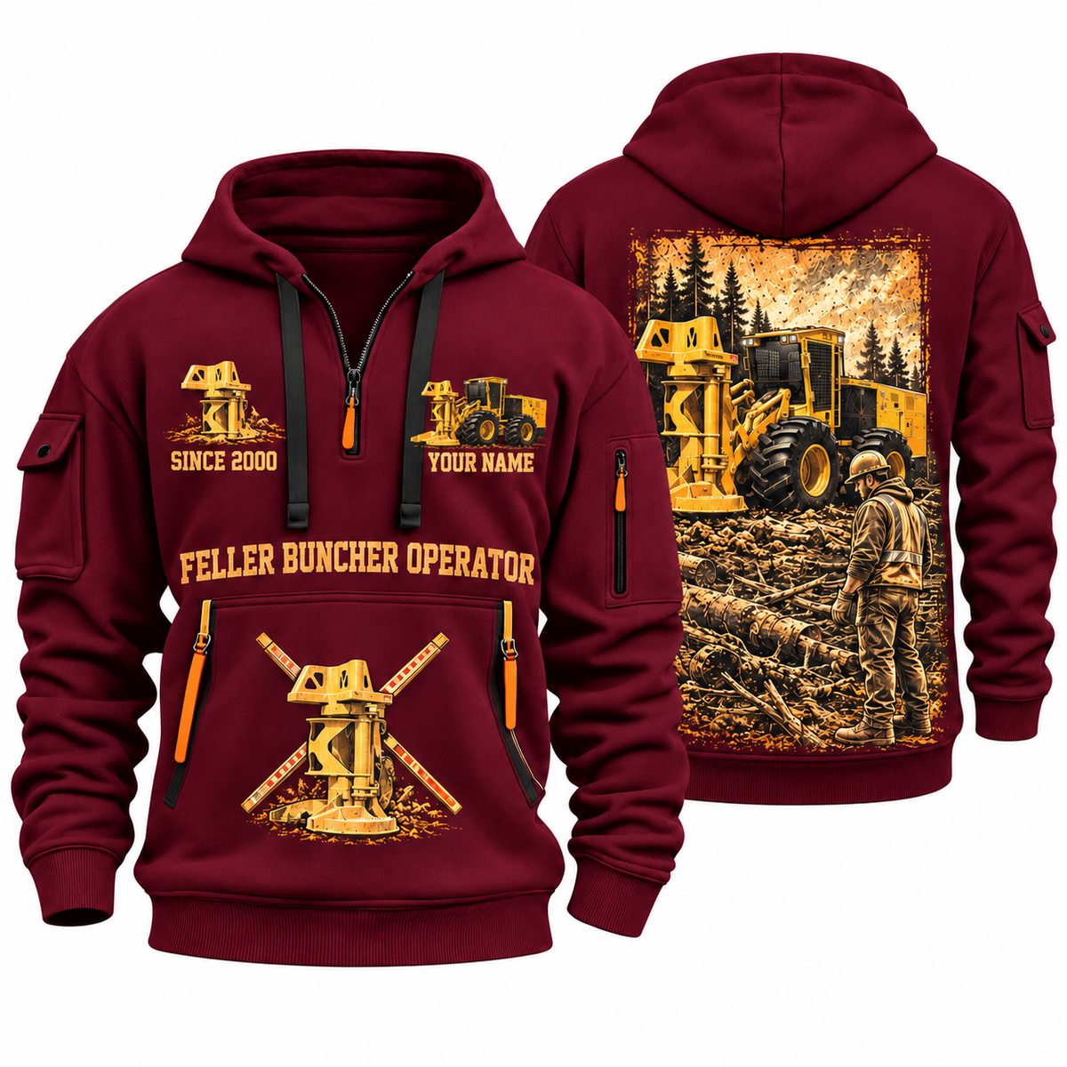 Tigercat 720H Feller Buncher Operator quarter zip hoodie in Wine Red, front and back views, sample YOUR NAME and SINCE 2000 artwork