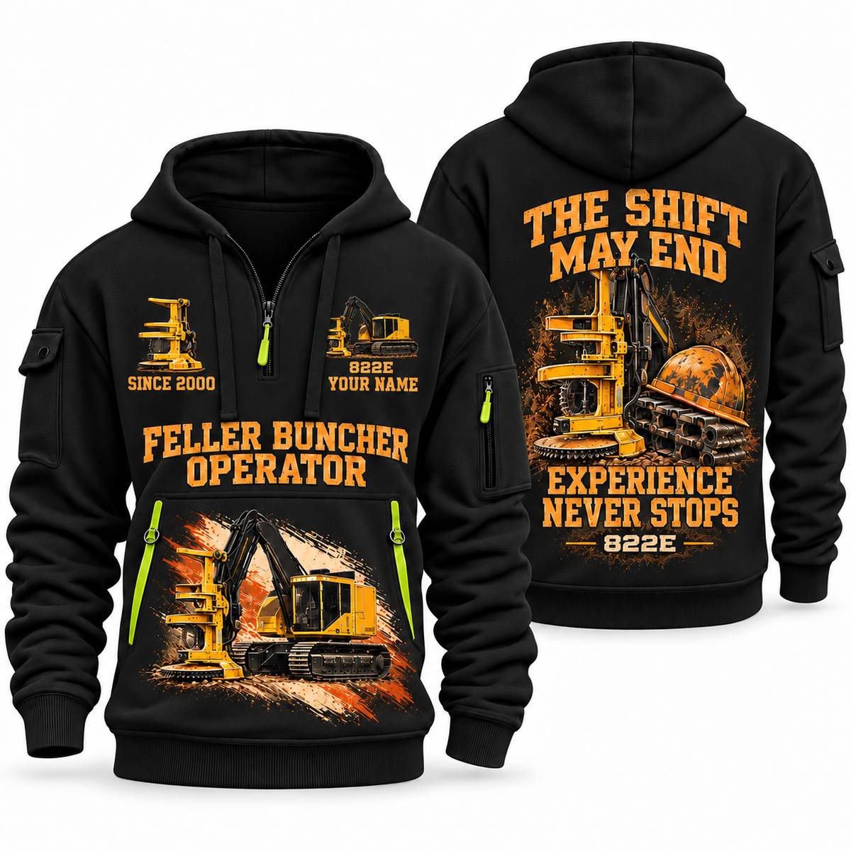 Tigercat 822E Feller Buncher Operator quarter zip hoodie in Black, front and back views, sample YOUR NAME and SINCE 2000 artwork