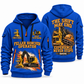 Tigercat 822E Feller Buncher Operator quarter zip hoodie in Blue, front and back views, sample YOUR NAME and SINCE 2000 artwork