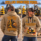 Tigercat 822E Feller Buncher Operator quarter zip hoodie in Khaki, adult lifestyle portrait showing front and back artwork