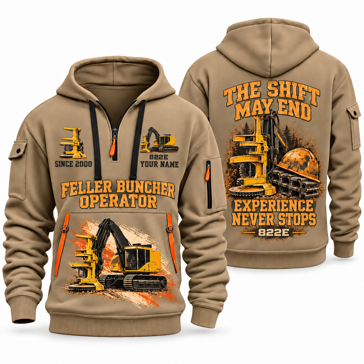 Tigercat 822E Feller Buncher Operator quarter zip hoodie in Khaki, front and back views, sample YOUR NAME and SINCE 2000 artwork