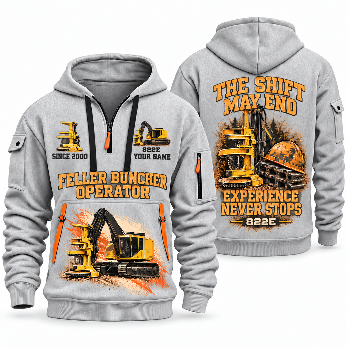 Tigercat 822E Feller Buncher Operator quarter zip hoodie in Light Grey, front and back views, sample YOUR NAME and SINCE 2000 artwork