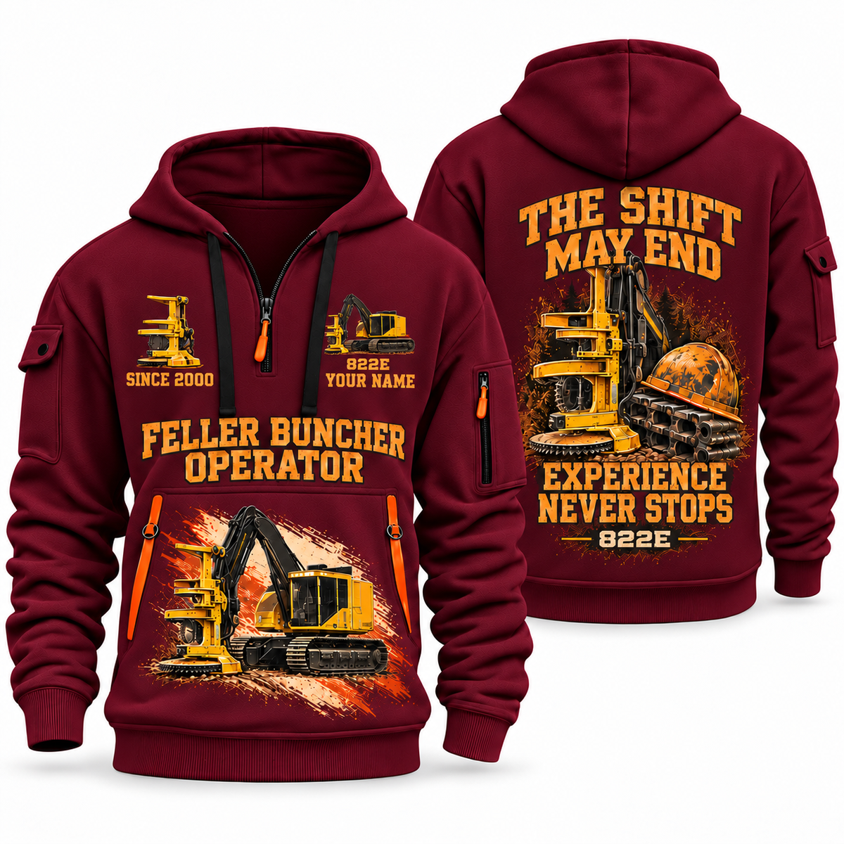 Tigercat 822E Feller Buncher Operator quarter zip hoodie in Wine Red, front and back views, sample YOUR NAME and SINCE 2000 artwork