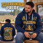 John Deere 643L-II Feller Buncher Operator quarter zip hoodie in Navy, adult lifestyle portrait showing front and back artwork