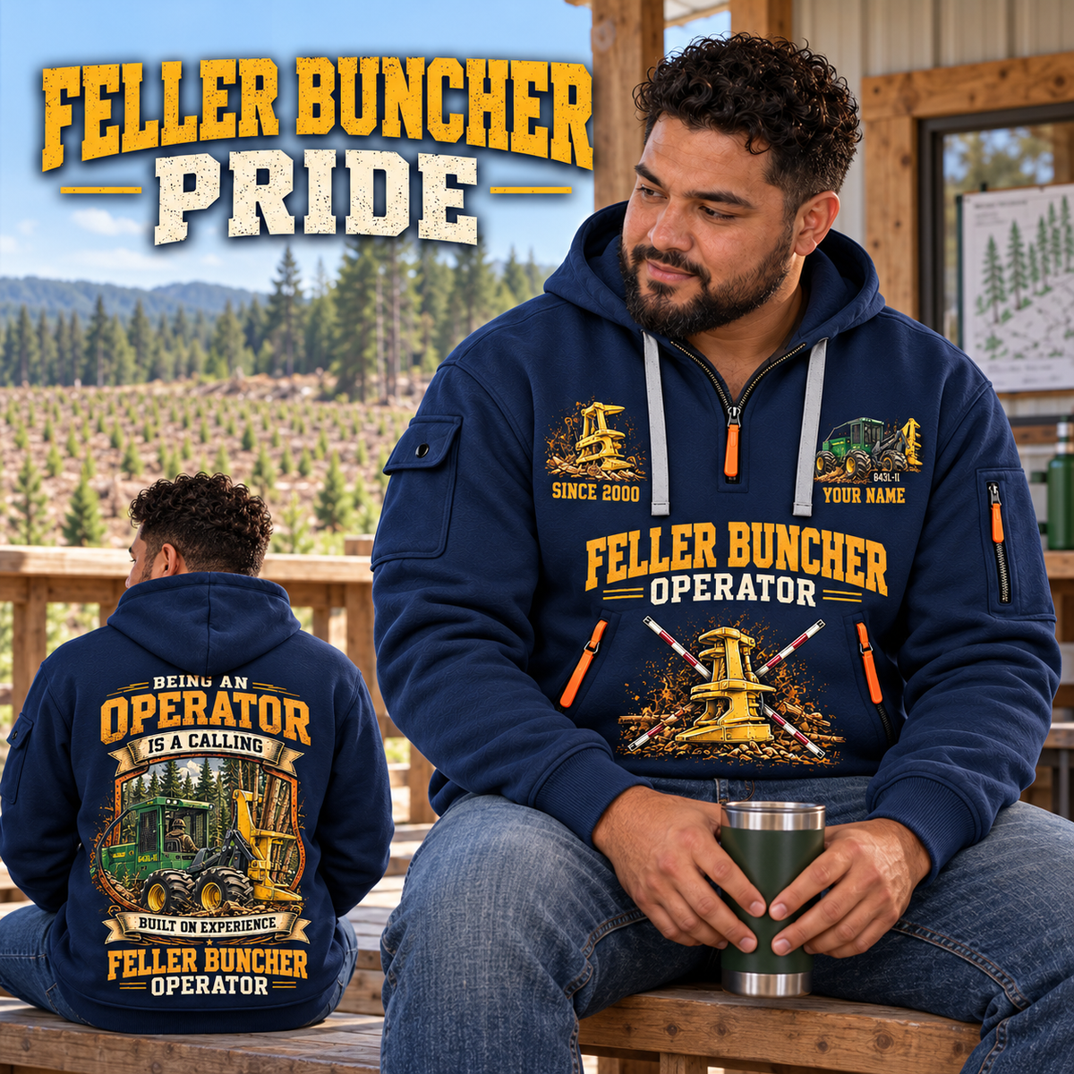 John Deere 643L-II Feller Buncher Operator quarter zip hoodie in Navy, adult lifestyle portrait showing front and back artwork