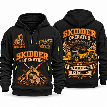 Tigercat 620H Skidder Operator quarter zip hoodie in Black, front and back views, sample YOUR NAME and SINCE 2000 artwork