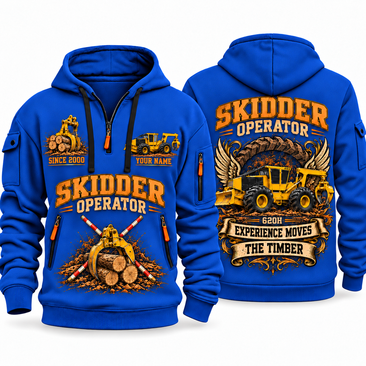 Tigercat 620H Skidder Operator quarter zip hoodie in Blue, front and back views, sample YOUR NAME and SINCE 2000 artwork