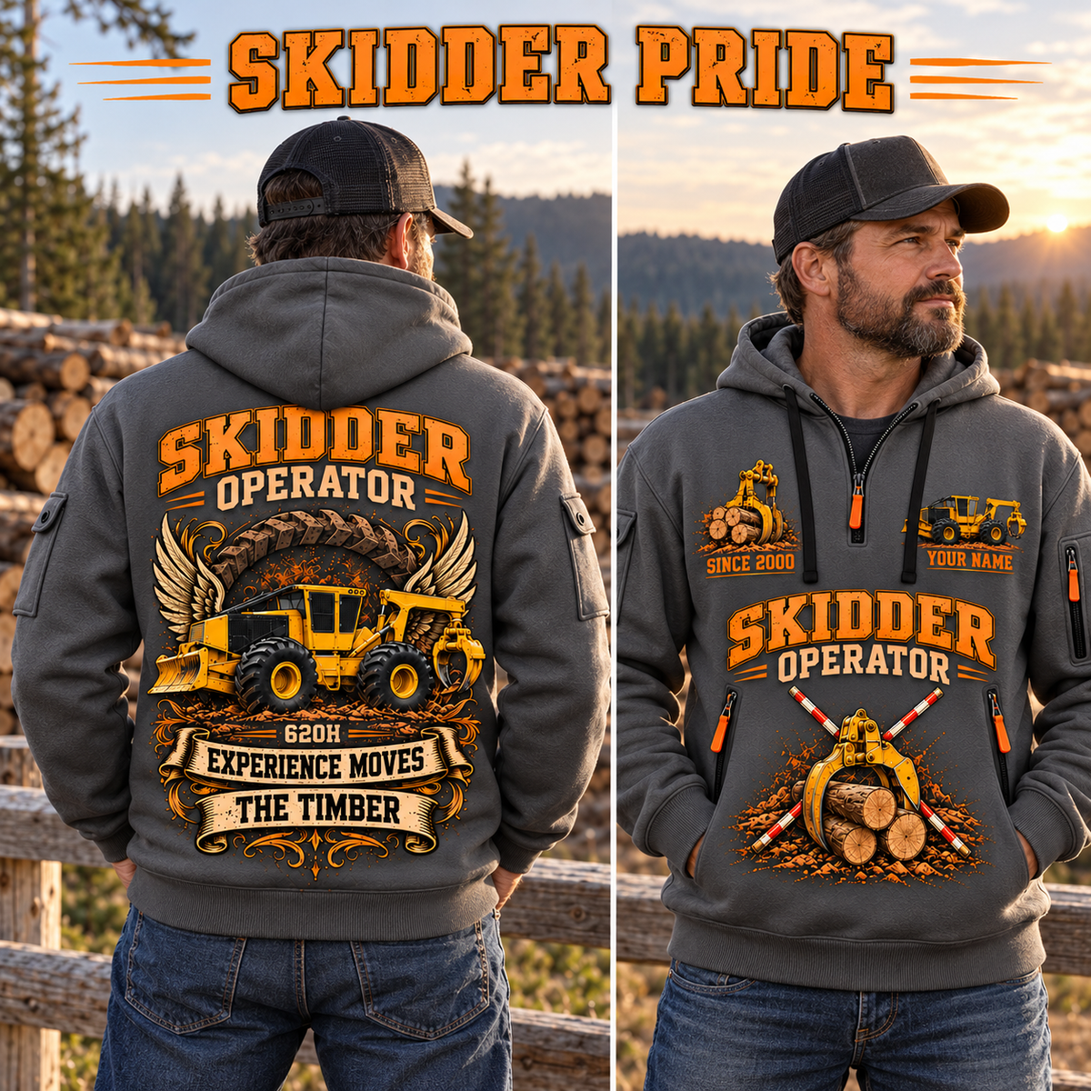 Tigercat 620H Skidder Operator quarter zip hoodie in Gray, adult lifestyle portrait showing front and back artwork