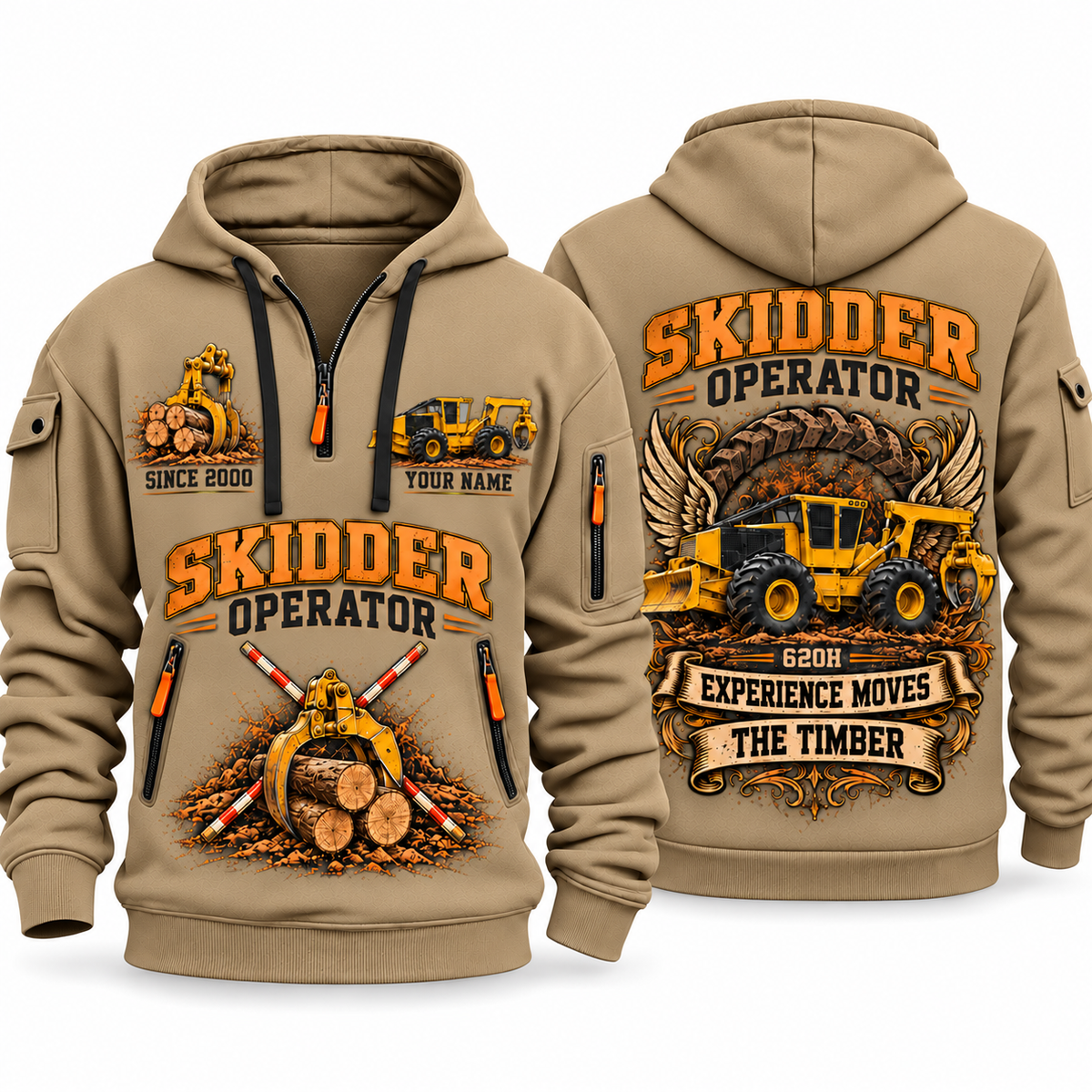 Tigercat 620H Skidder Operator quarter zip hoodie in Khaki, front and back views, sample YOUR NAME and SINCE 2000 artwork