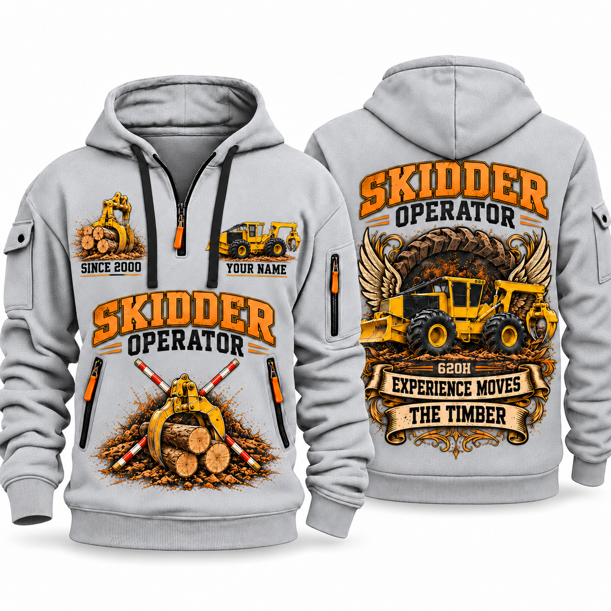 Tigercat 620H Skidder Operator quarter zip hoodie in Light Grey, front and back views, sample YOUR NAME and SINCE 2000 artwork
