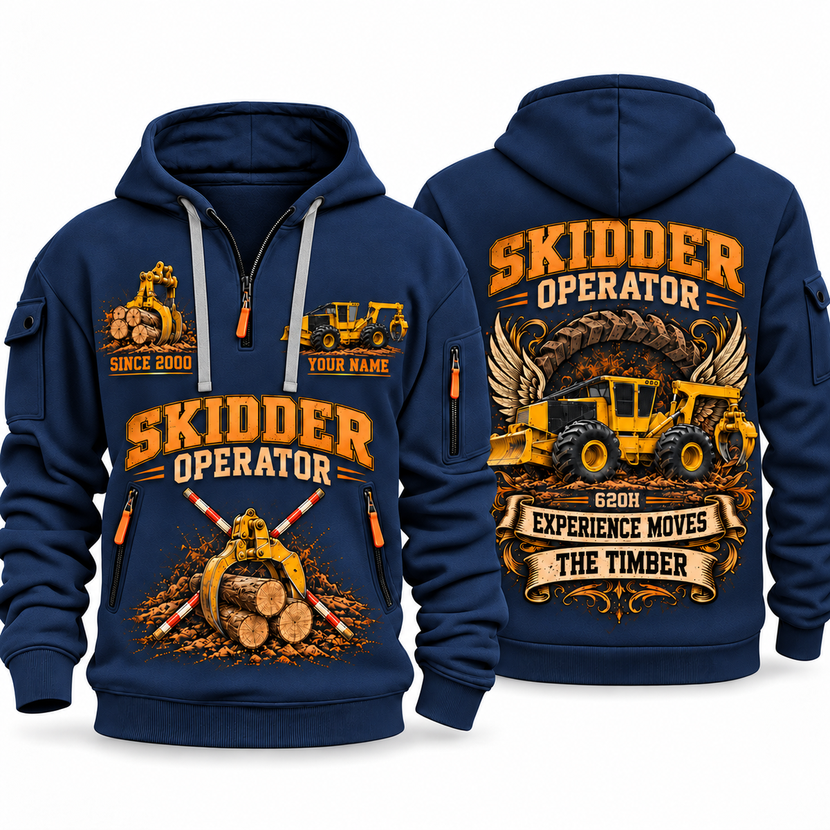 Tigercat 620H Skidder Operator quarter zip hoodie in Navy, front and back views, sample YOUR NAME and SINCE 2000 artwork
