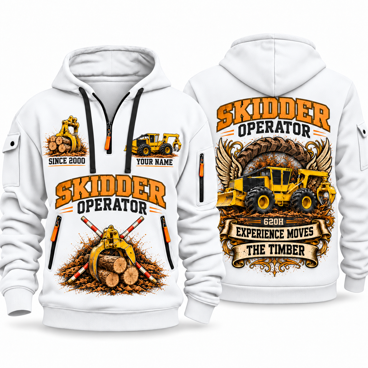 Tigercat 620H Skidder Operator quarter zip hoodie in White, front and back views, sample YOUR NAME and SINCE 2000 artwork