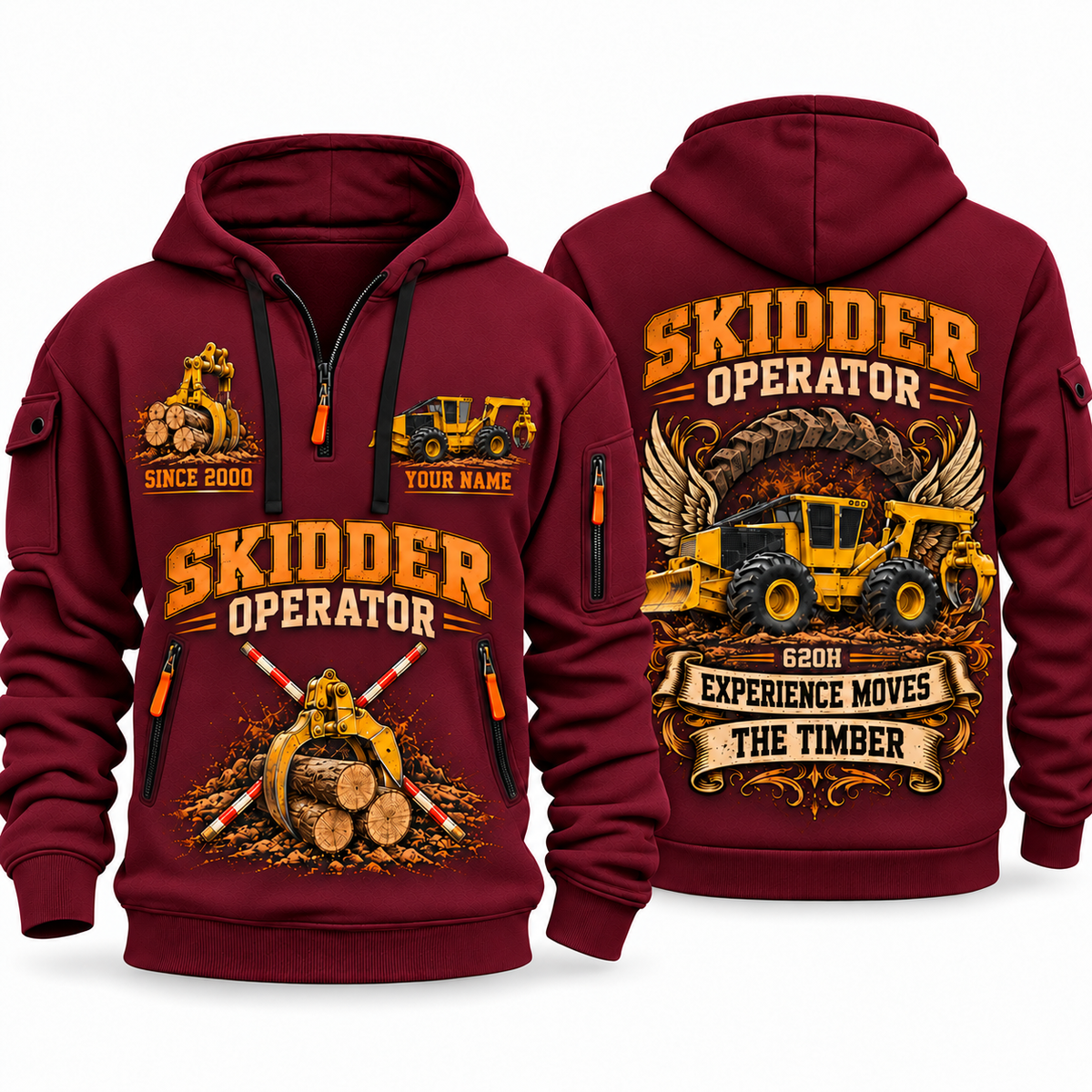 Tigercat 620H Skidder Operator quarter zip hoodie in Wine Red, front and back views, sample YOUR NAME and SINCE 2000 artwork