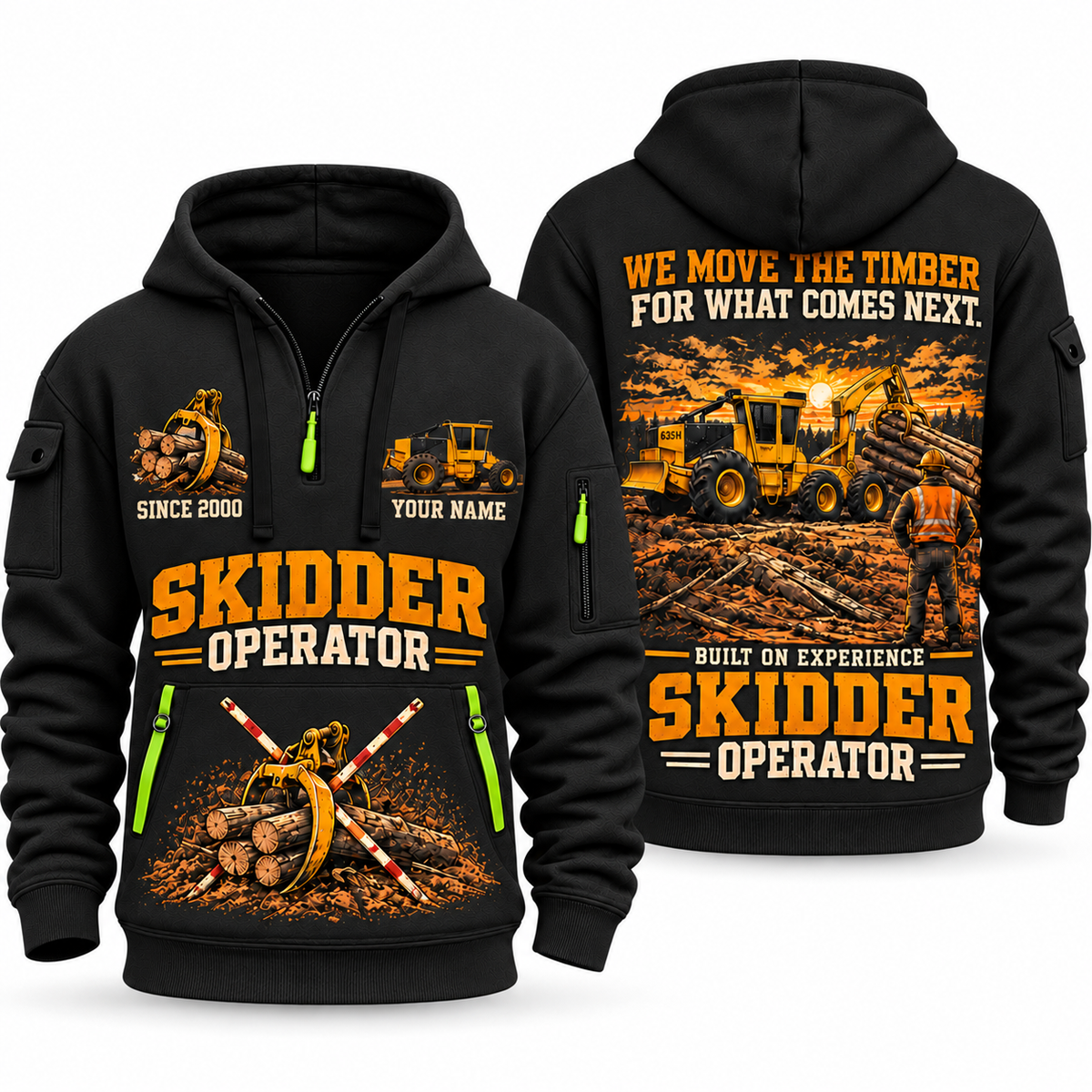 Tigercat 635H Skidder Operator quarter zip hoodie in Black, front and back views, sample YOUR NAME and SINCE 2000 artwork