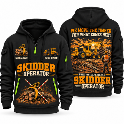 Tigercat 635H Skidder Operator quarter zip hoodie in Black, front and back views, sample YOUR NAME and SINCE 2000 artwork