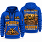 Tigercat 635H Skidder Operator quarter zip hoodie in Blue, front and back views, sample YOUR NAME and SINCE 2000 artwork