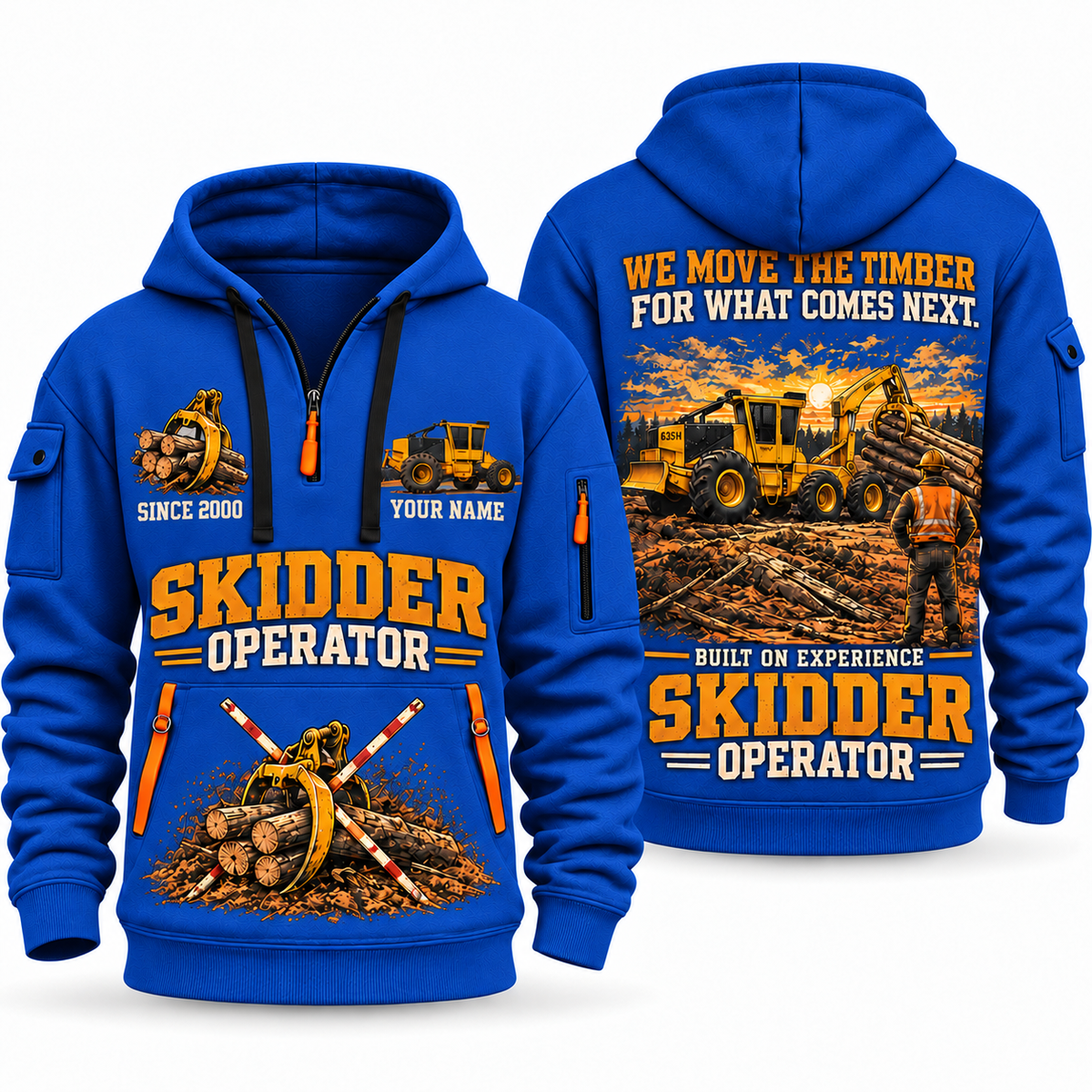 Tigercat 635H Skidder Operator quarter zip hoodie in Blue, front and back views, sample YOUR NAME and SINCE 2000 artwork