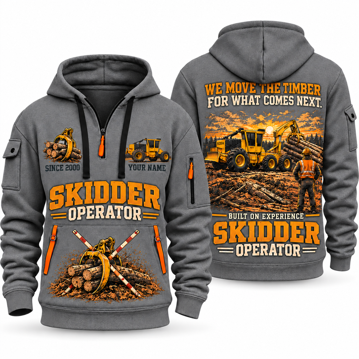 Tigercat 635H Skidder Operator quarter zip hoodie in Gray, front and back views, sample YOUR NAME and SINCE 2000 artwork