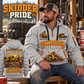 Tigercat 635H Skidder Operator quarter zip hoodie in Light Grey, adult lifestyle portrait showing front and back artwork