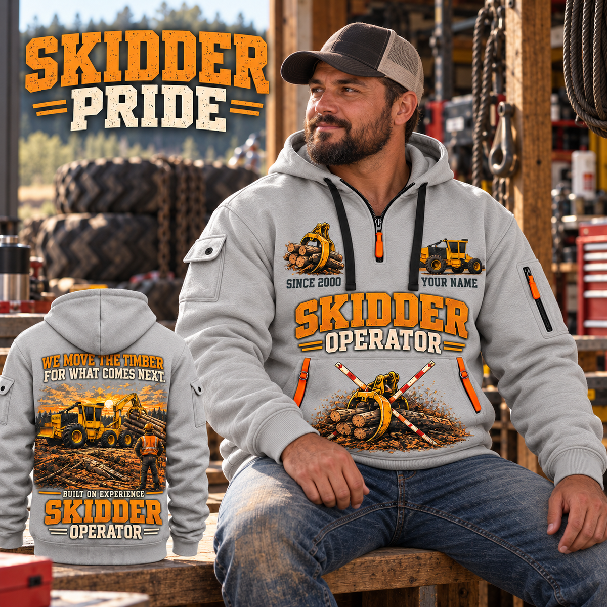 Tigercat 635H Skidder Operator quarter zip hoodie in Light Grey, adult lifestyle portrait showing front and back artwork